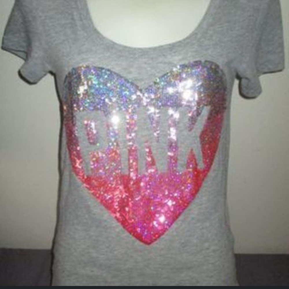PINK Victoria's Secret Gray Tee with Pink and Silver Heart